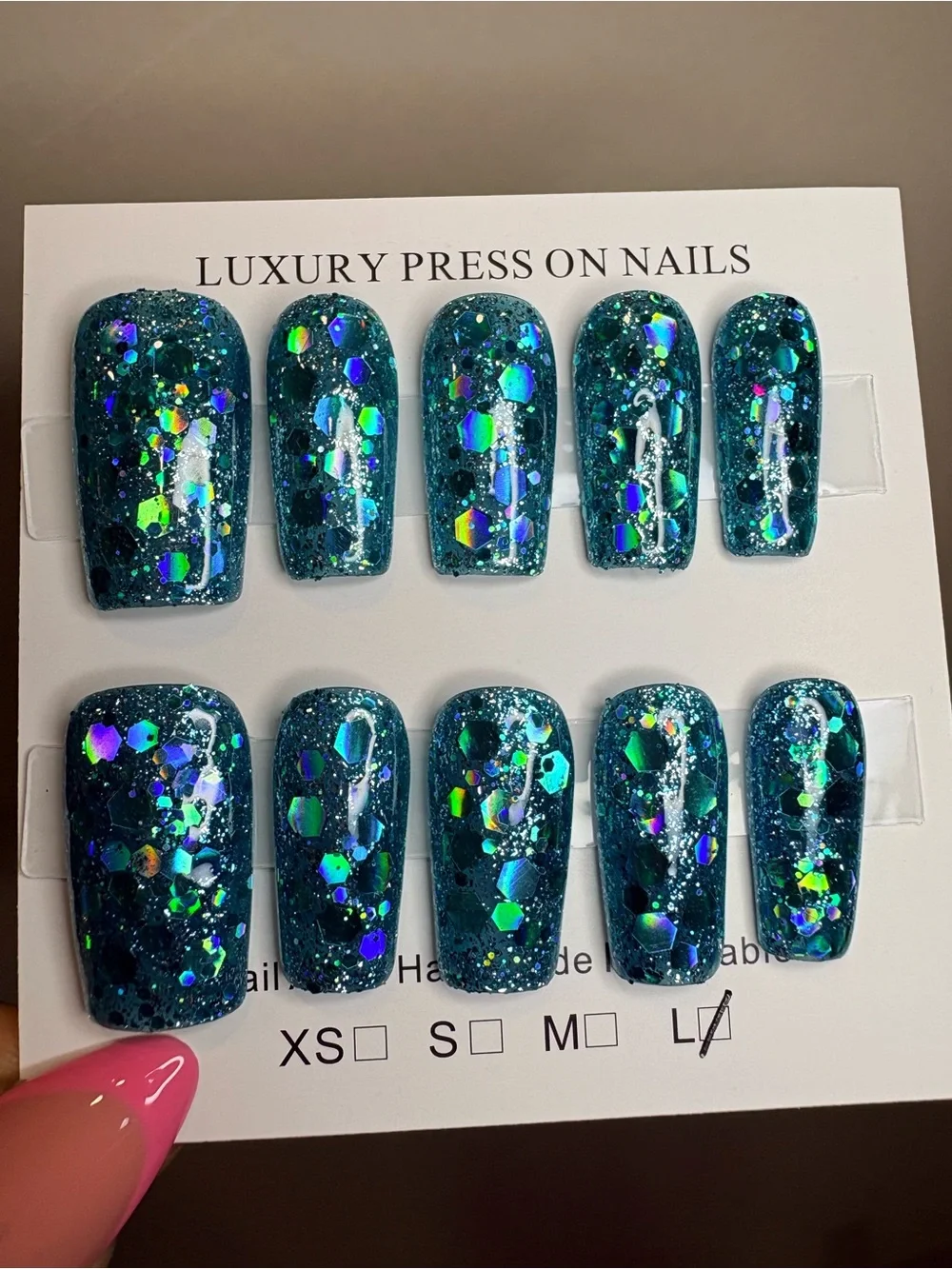 Teal Holographic Glitter Press-On Nails